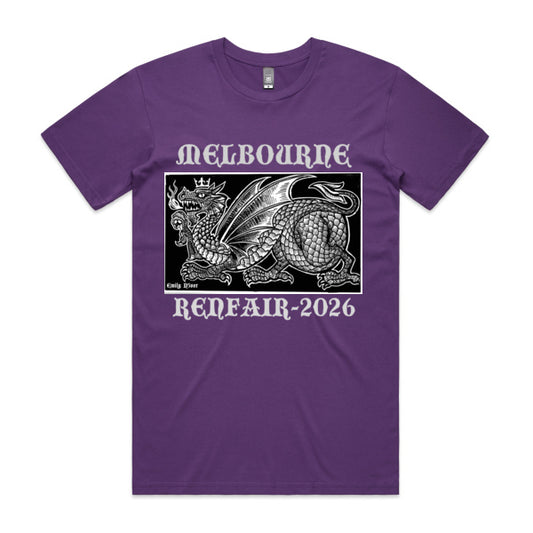 Purple t-shirt with dragon graphic and 'Melbourne Renfair 2026' text on a white background